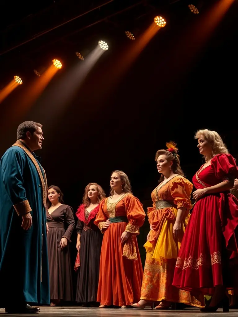 A vibrant photograph capturing a scene from one of Actum Culture & Communication's theatrical productions, showcasing actors in costume on stage, bathed in dramatic lighting, to illustrate the organization's commitment to theater.