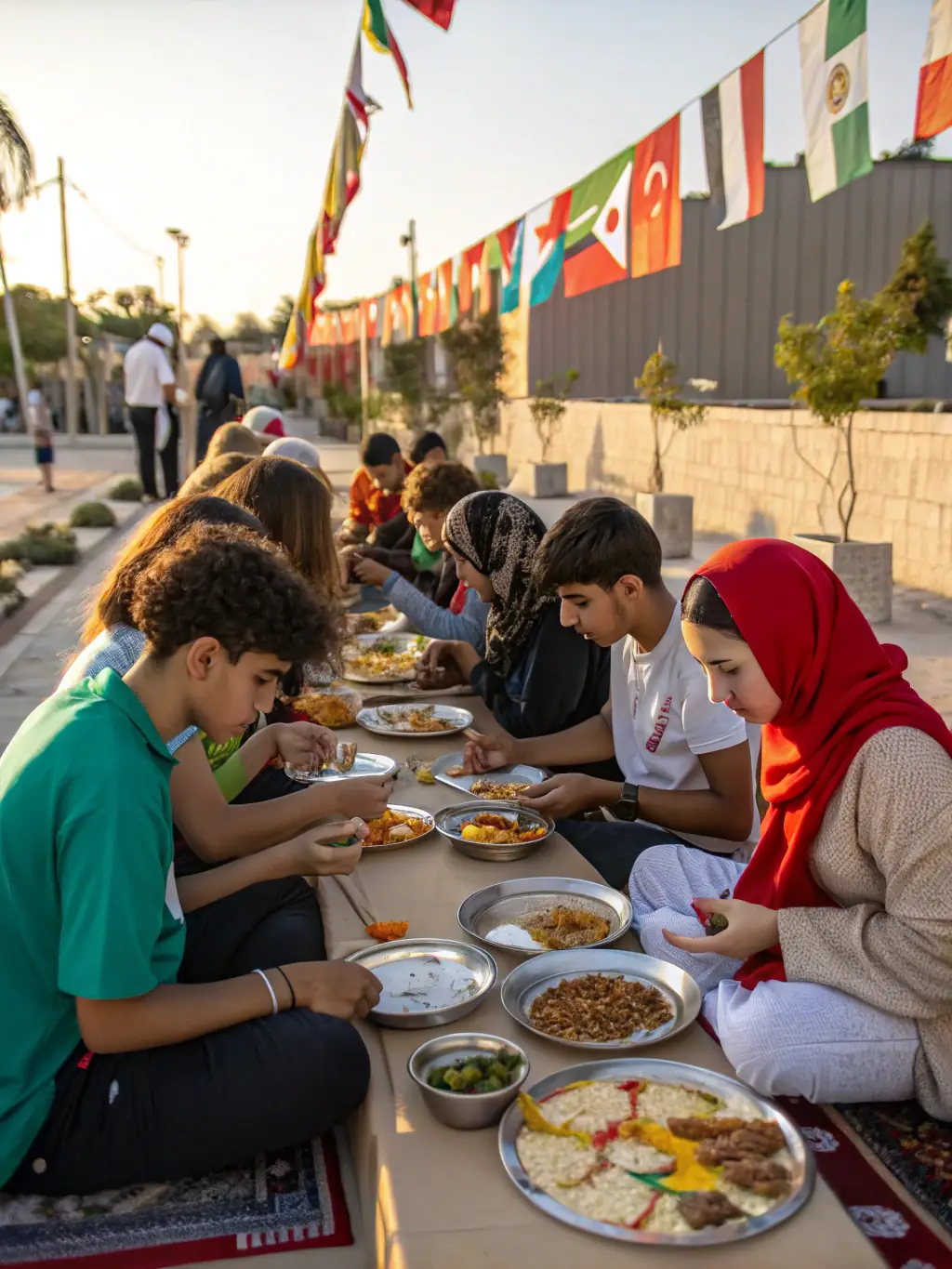 A picture of a group of people from different countries sharing a meal together, laughing and talking, representing the joy of cross-cultural exchange and friendship.