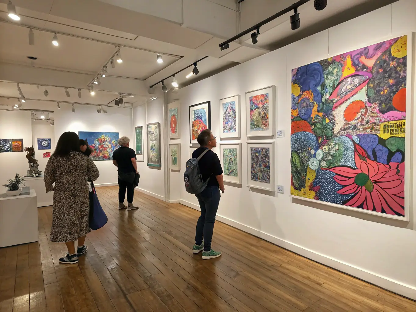 A photograph of a visual arts exhibition hosted by Actum Culture & Communication, featuring a diverse collection of paintings, sculptures, and mixed-media installations.