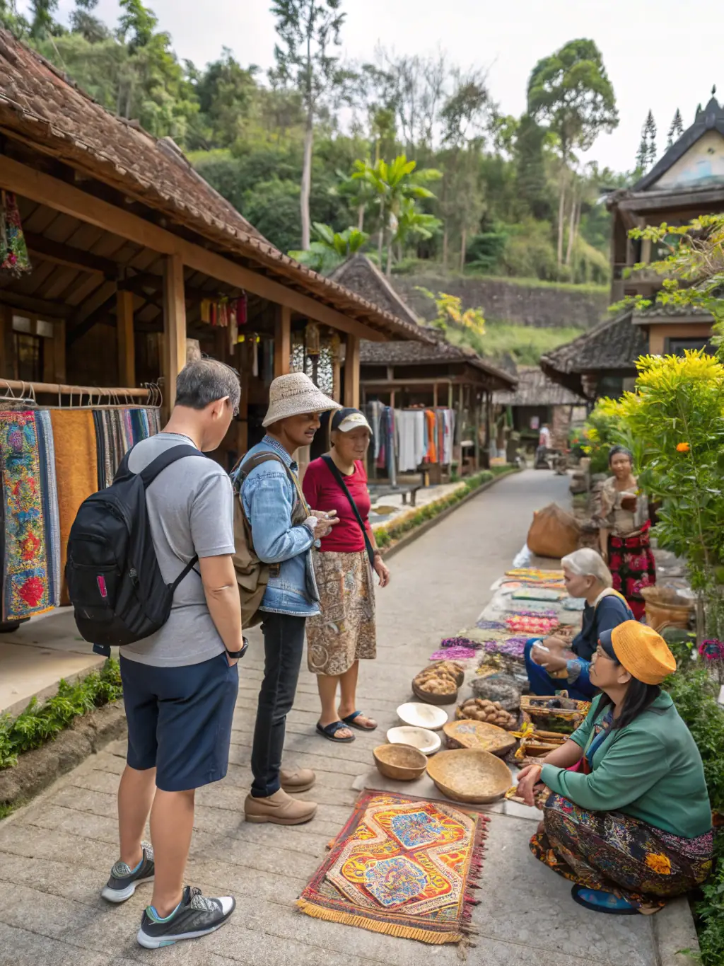 A photograph of a group of international tourists engaging with local artisans in a cultural exchange program, emphasizing the role of tourism in promoting cultural understanding.