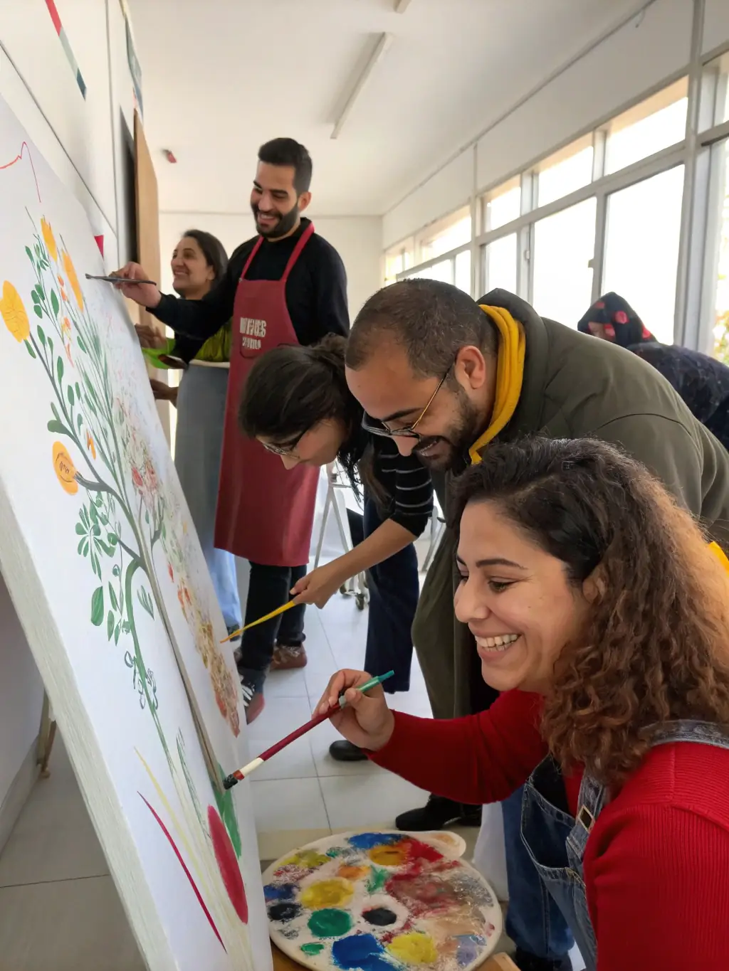 A photograph of a diverse group of people participating in a visual arts workshop, painting and creating artwork in a bright and inspiring studio space.