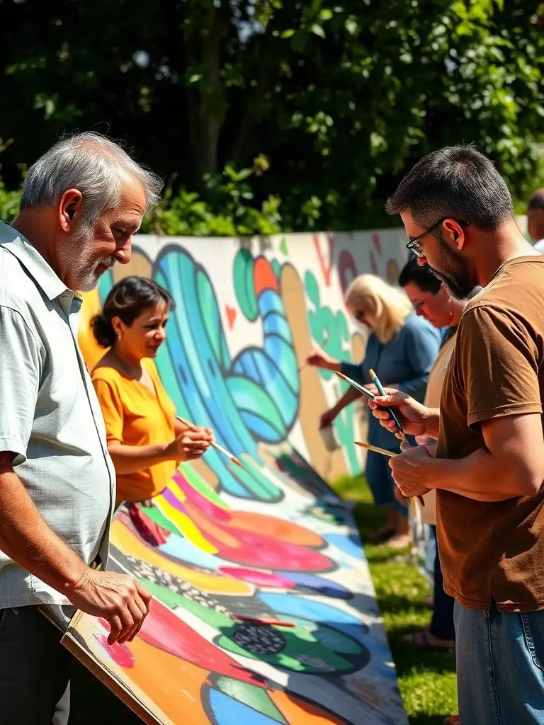 A photograph capturing a diverse group of people participating in a collaborative art project, symbolizing cross-cultural collaboration and artistic expression.