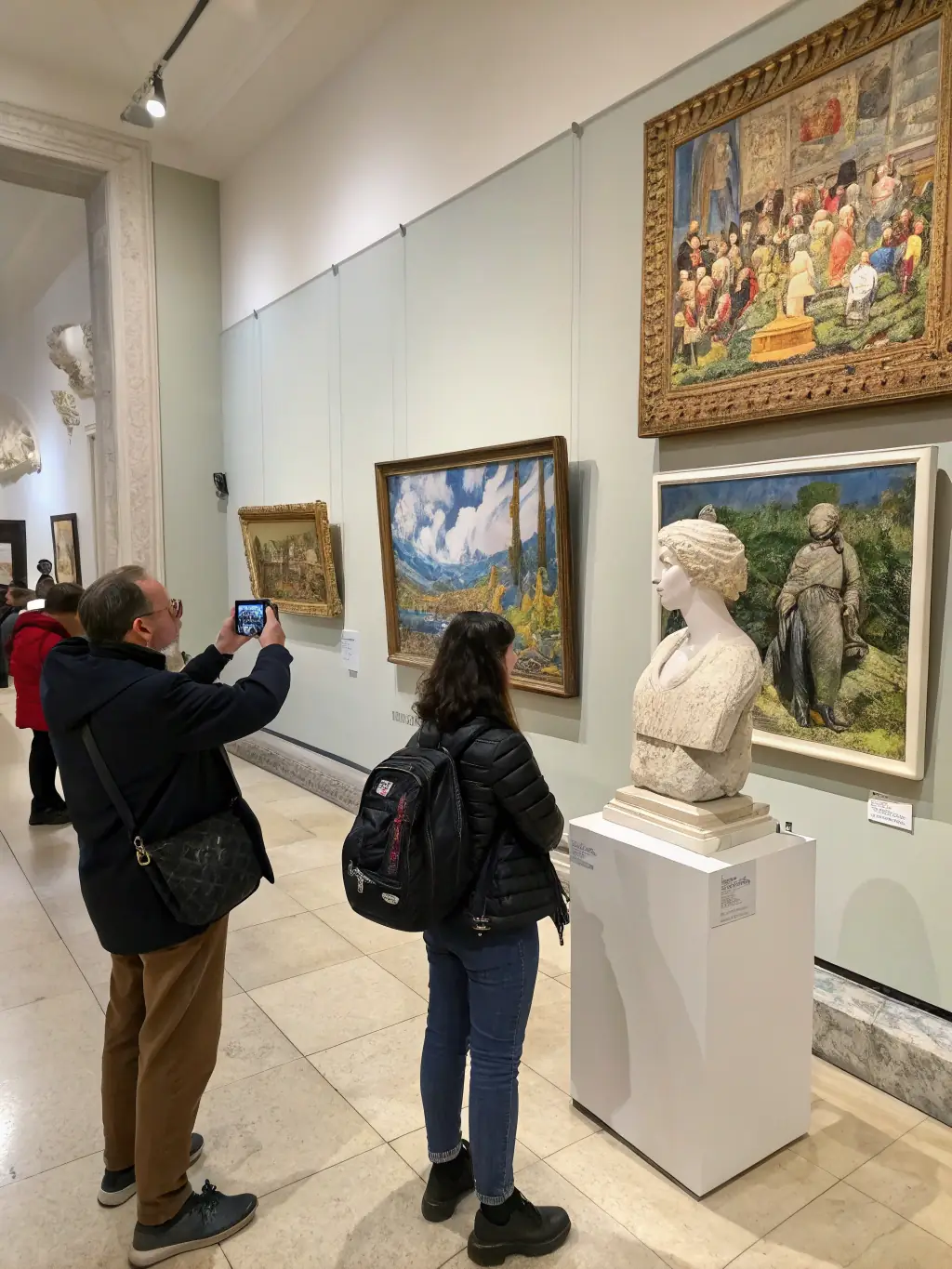 A photograph of a visual arts exhibition hosted by Actum Culture & Communication, featuring diverse artworks displayed in a gallery setting, with visitors admiring the pieces, to represent the organization's support for visual arts.