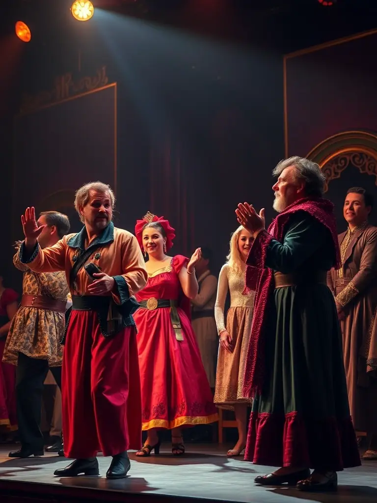 A vibrant image of a traditional theater performance showcasing actors from different cultural backgrounds, highlighting the power of theater in promoting cross-cultural dialogue.